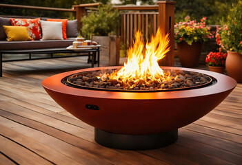 A spacious deck with a close up shot of a fire pit table heater. Generative Ai