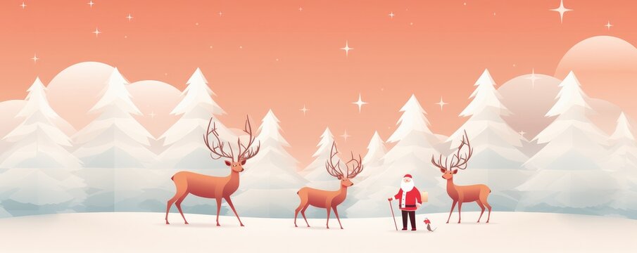 Santa Claus living in winter forest, christmas greeting card illustration panorama banner. Generative Ai.