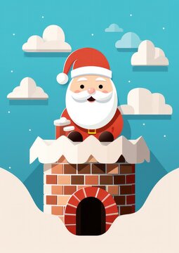 Santa claus is climbing to house chimney, christmas greeting card illustration. Generative Ai.
