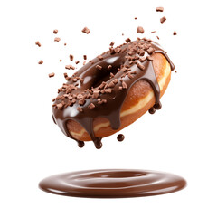 Floating chocolate dripping doughnut with chocolate chips transparent 