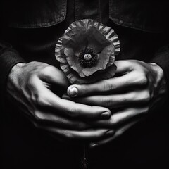 Soldier's hands holding a flower. Generative AI