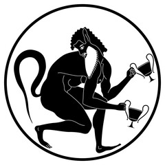 Ancient Greek satyr holding two cups of wine. Vase painting style. Ethnic design. Black and white silhouette. - obrazy, fototapety, plakaty
