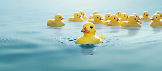 background of a beautiful yellow rubber duck floating atop the water, a group of white baby ducks swims along, symbolizing the growth and unity of a thriving business concept in a child-friendly space - obrazy, fototapety, plakaty