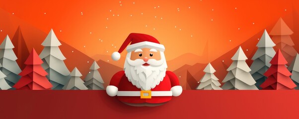 Santa Claus living in winter forest, christmas greeting card illustration panorama banner. Generative Ai.