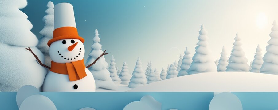 Snowman in winter snow landscape christmas  background. Banner. Generative ai
