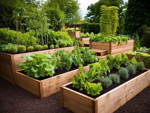Camas de madeira minimalistas em jardins modernos que cultivam plantas ervas especiarias vegetais