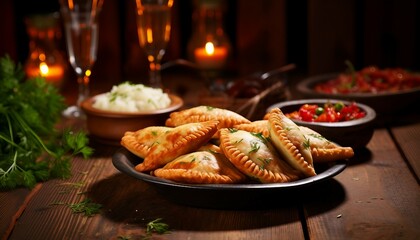 Traditional empanadas with meat and vegetables on a wooden background,  Generative AI - obrazy, fototapety, plakaty