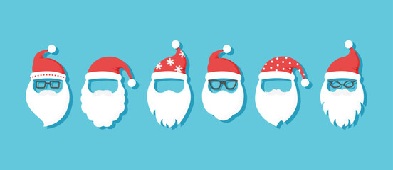 Christmas Santa Claus face with beard, hat. Hipster New Year men vector icon, winter old character set on blue background. Cartoon illustration