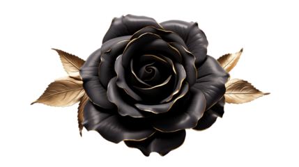 Black rose flower with four gold leaves and hints of gold on petals isolated background