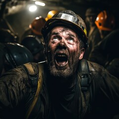  a miner extracting coal with strong backlighting during a challenging - obrazy, fototapety, plakaty