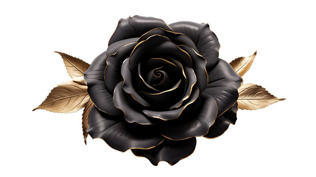 Black rose flower with four gold leaves and hints of gold on petals isolated background