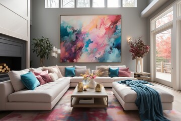 Pink, White and Teal Living Room