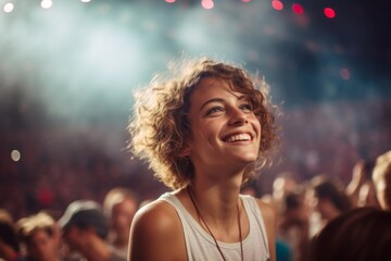 Portrait of a blissful woman in her 30s wearing a simple cotton shirt against a lively concert crowd background. AI Generation