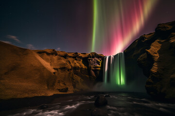 Iceland waterfall with aurora borealis