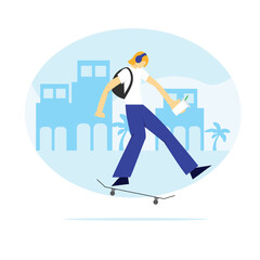 A man with backpack passing by the cities going to work or school using skateboard flat illustration