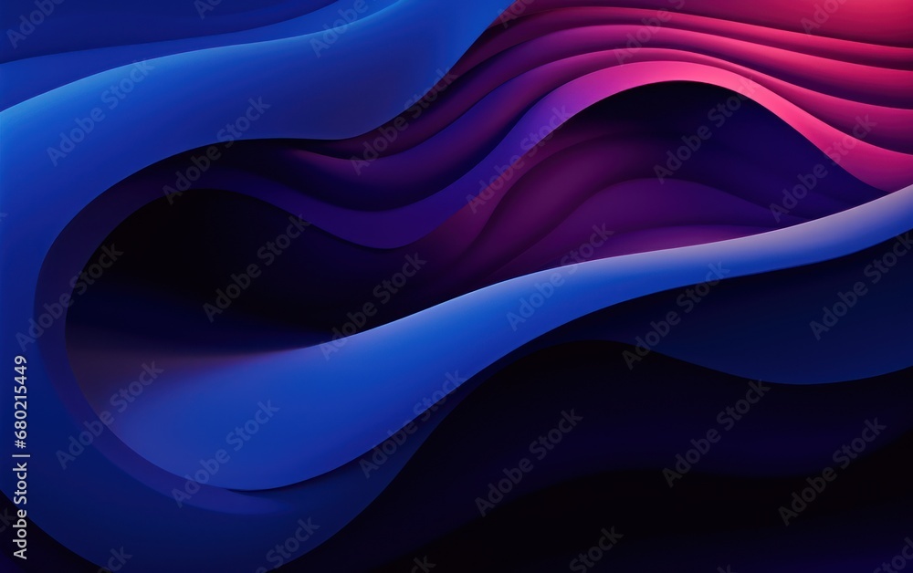 Poster a blue and pink abstract background with wavy lines in the shape of a wave and a red light at the en