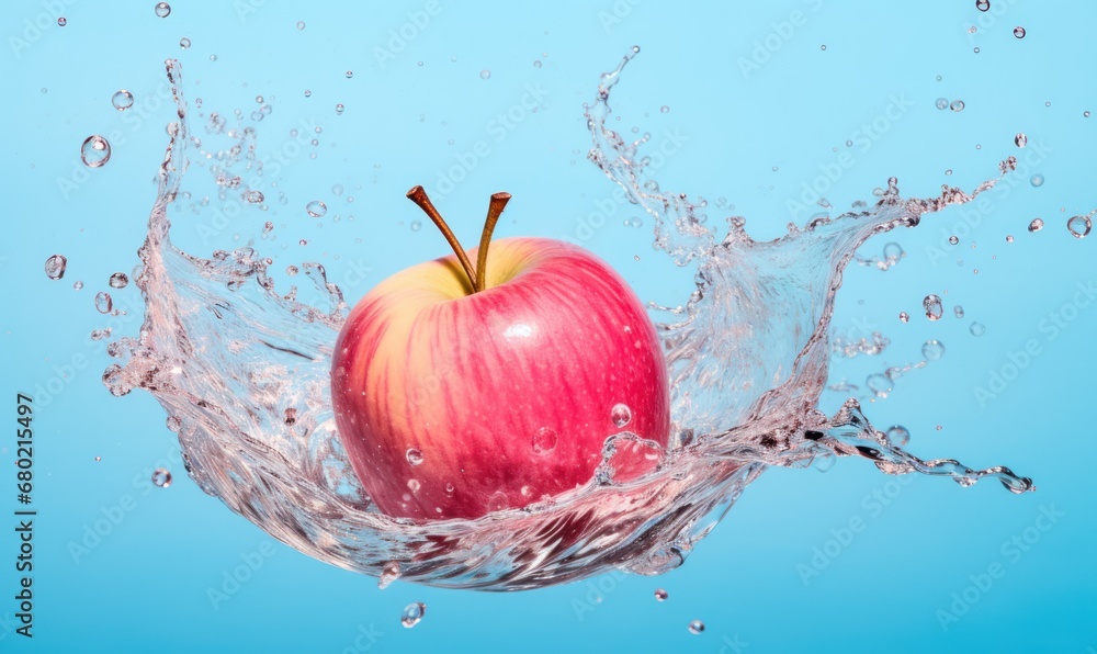 Poster an apple with water splashing around it on a blue background with a splash of water on the top of it
