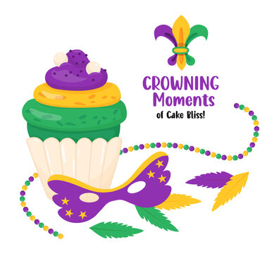 King Cake. Festive sweet cupcake with colorful icing, carnival mask and beads necklaces. Mardi Gras carnival. Vector illustrations in cartoon style.