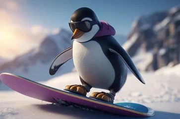 Foto op Aluminium Little cute penguin snowboarder on a background of mountains. AI generated © Aisylu