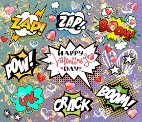 Valentines day comics. Holiday illustration with cartoon, collage, lettering.