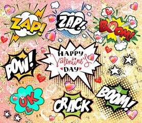 Valentines day comics. Holiday illustration with cartoon, collage, lettering.