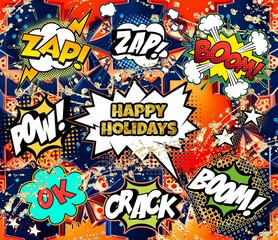 Happy Holiday comic pattern. Vintage, retro style.