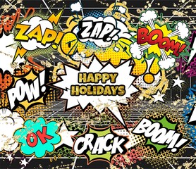 Happy Holiday. Comic elements, vintage, retro style. Anime, manga. 