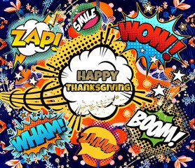 Happy Thanksgiving illustration with comics , retro, vintage elements.