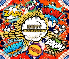 Happy Thanksgiving  illustration with comics , retro, vintage elements.