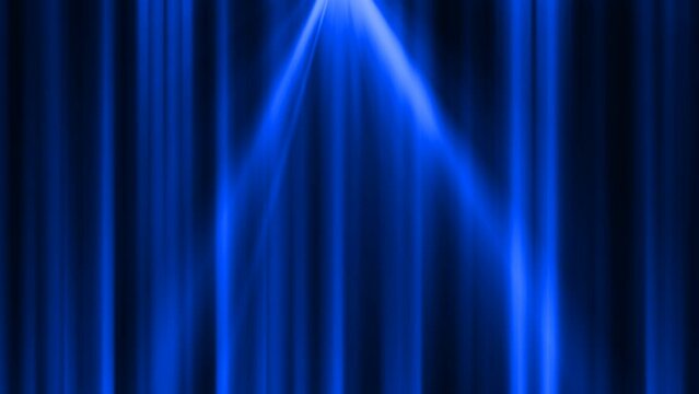 Abstract blue curtain background in a theater or stage illuminated by spotlight lamps made of iridescent stripes and lines