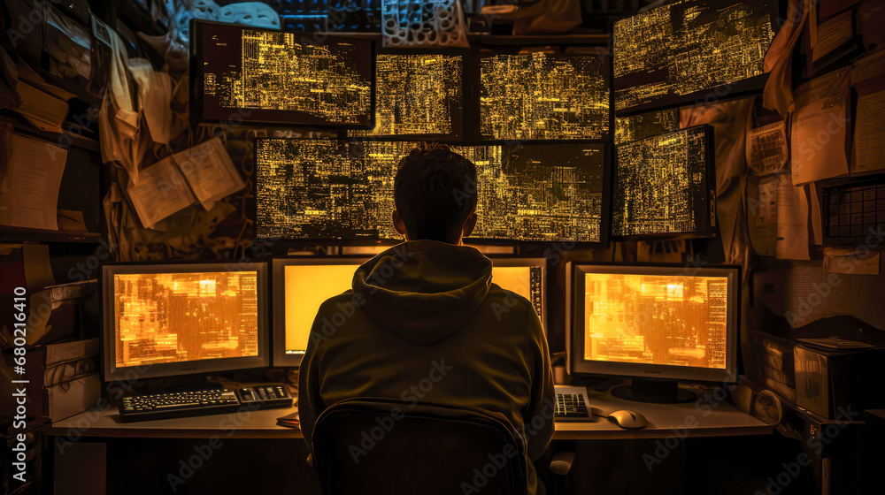 Poster silhouette of a hacker in front of technology background with glowing lights