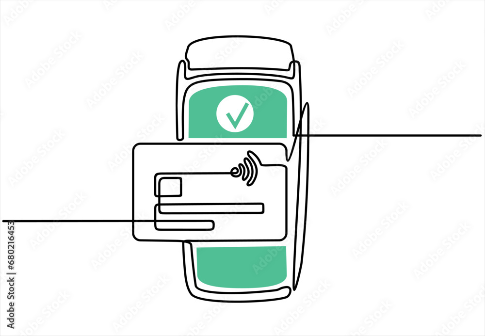Poster continuous one line drawing of pos payment terminal with gprs and credit card on a white background.