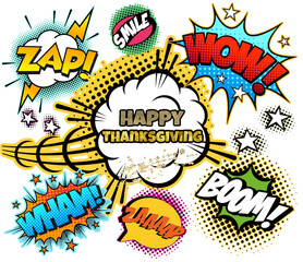 Happy Thanksgiving horizontally illustration with comics , retro, vintage elements.