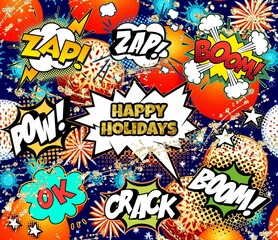 abstract colorful background. Comic Happy Holiday illustration.