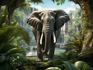 elefante no fundo fresco da selva exótica