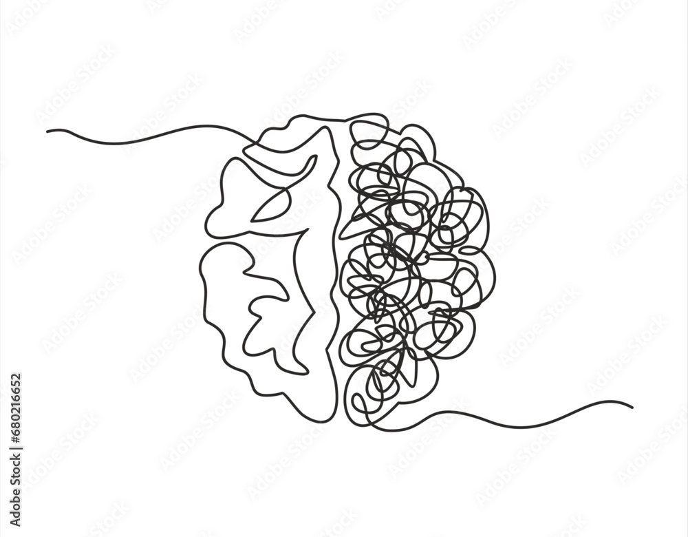 Poster human brain creativity vs logic chaos and order a continuous line drawing concept, organised vs diso