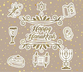 Happy Hanukkah illustration with elements. Gold star background. Holiday patter.