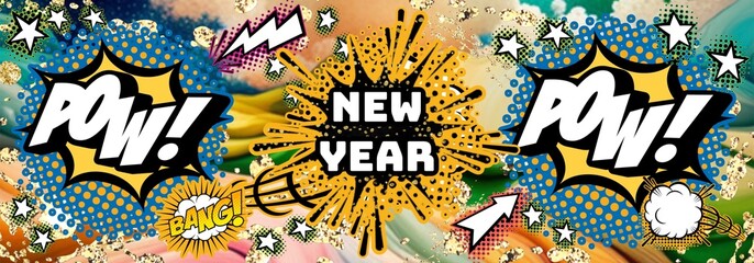 comics New year pattern, Holiday horizontally illustration with cartoon elements.