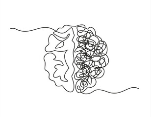 Human brain creativity vs logic chaos and order a continuous line drawing concept, organised vs disorganised left and right brain hemispheres as a chaos theory metaphor, one line vector illustration © mitay20