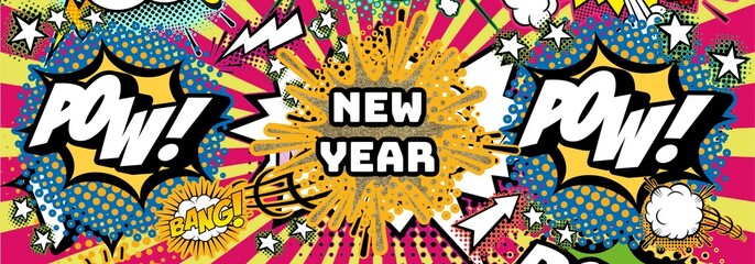 Comics Happy new year illustration. Vintage style, cartoon elements. Holiday pattern with lettering, collage, graffiti style.