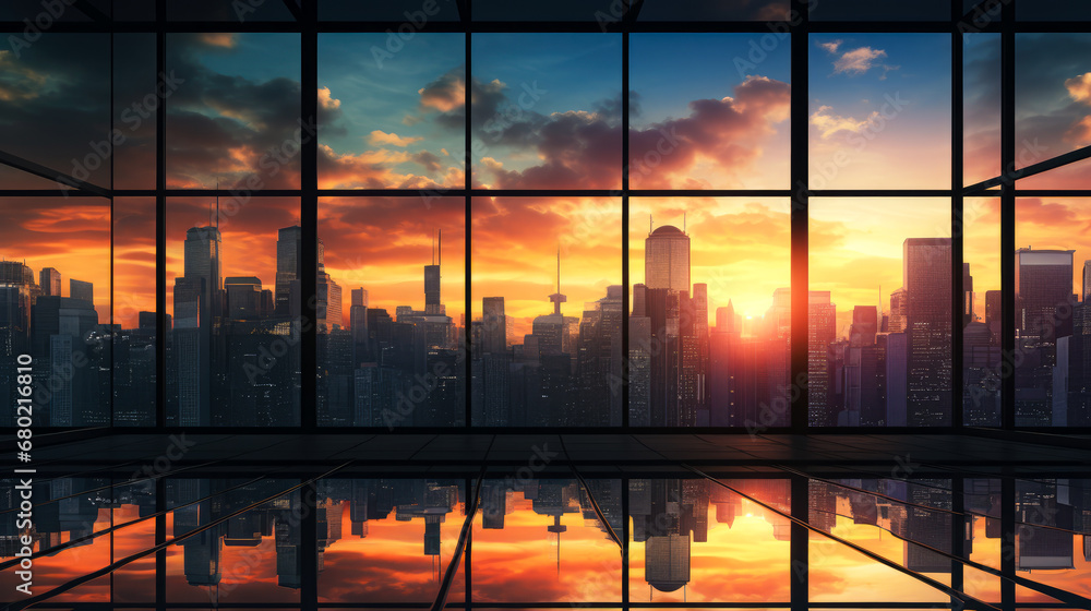 Poster panoramic view of modern skyscrapers with reflection in windows