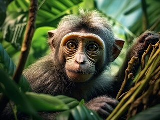 macaco no fundo fresco da selva exótica - obrazy, fototapety, plakaty