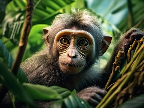 macaco no fundo fresco da selva ex&oacute;tica
