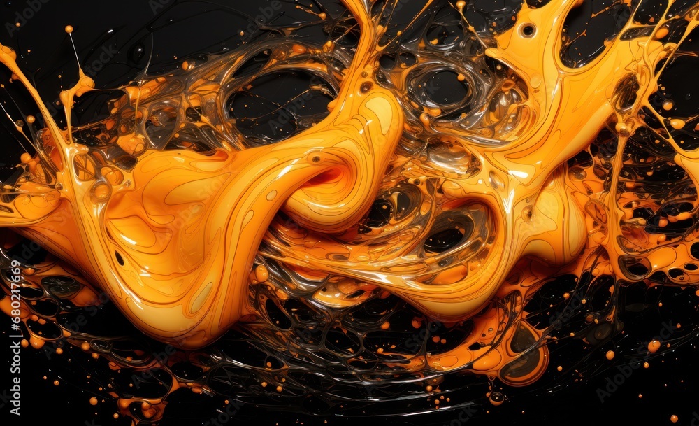 Poster a black background with orange swirls and bubbles in the middle of the image and a black background 