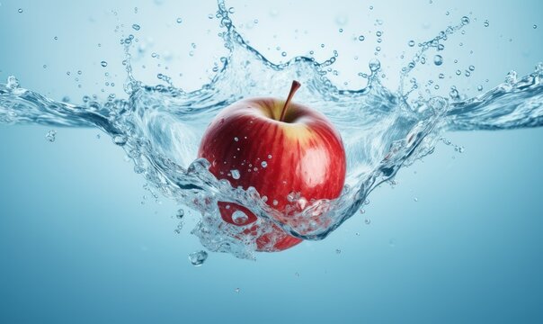 an apple is floating in the water with a splash of water on the bottom of the image and a splash of water on the bottom of the image.
