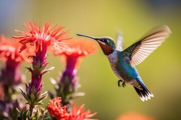 Fototapeta premium Flying small animal hummingbird nectar wildlife green flower bird feeding wild nature