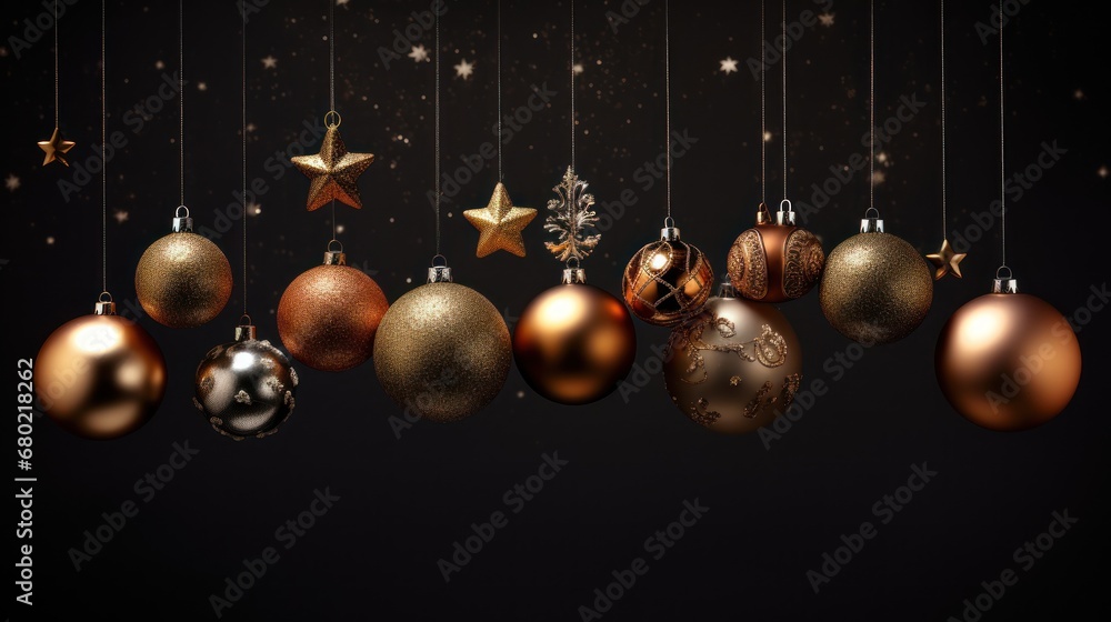 Poster a group of christmas ornaments hanging from strings with gold stars and snowflakes on the top of the
