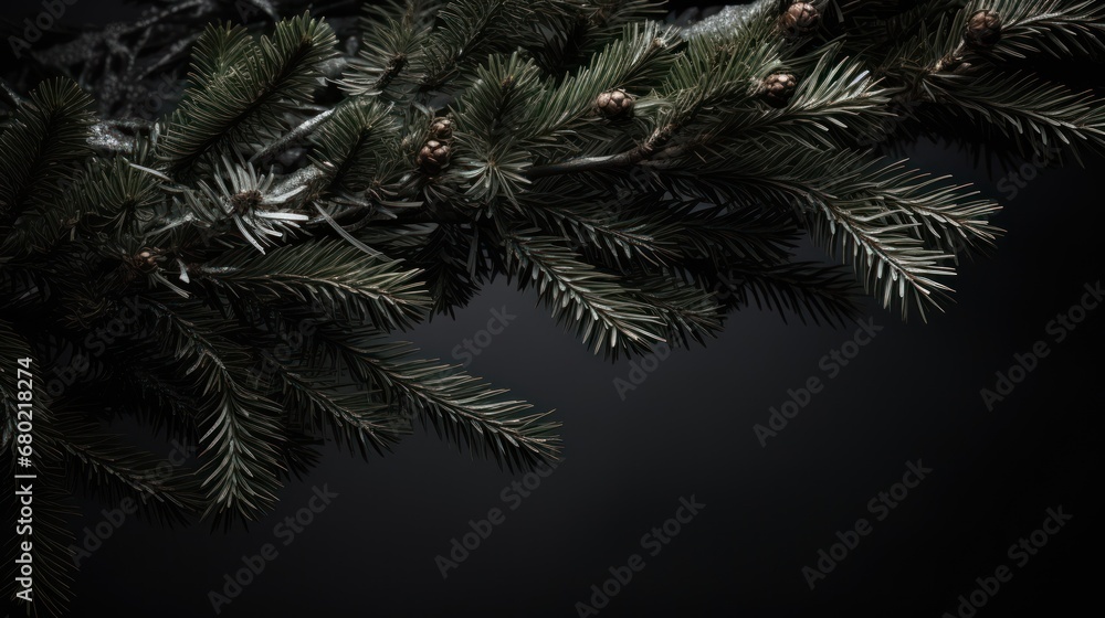 Poster a close up of a branch of a pine tree with cones on it's needles and a black background.