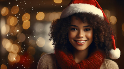 African American Woman wearing a red Santa hat is standing against a bokeh light background. He is...