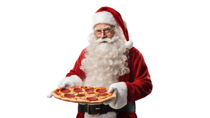 Santa Claus holding a pizza on Christmas isolated on transparent background